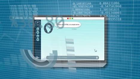 chat interface with explain what html is in simple terms text over data processing animation