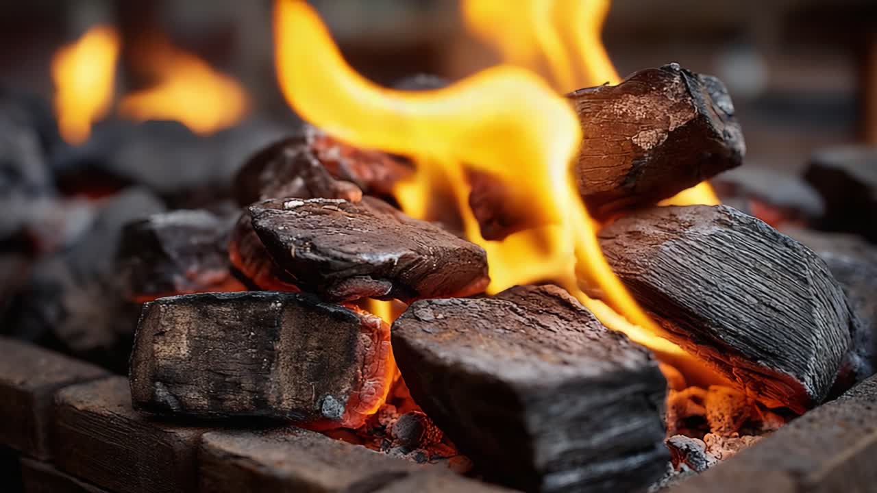 Uma Exibição Cativante de Chamas e Carvão: O Calor Intenso e o Brilho de uma Fogueira, Iluminando as Ricas Texturas e o Calor da Madeira Carbonizada e das Brasas