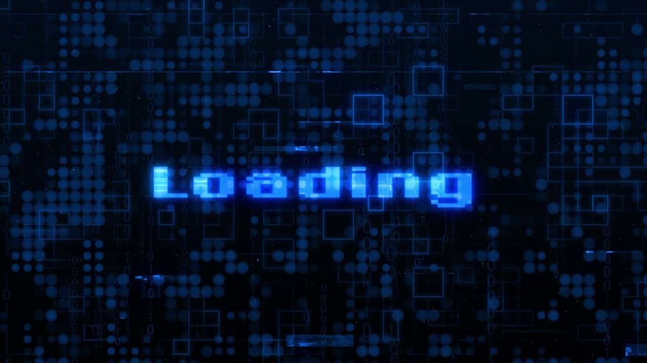 Blue Pixelated Loading Text with Glitch Effect on Digital Background