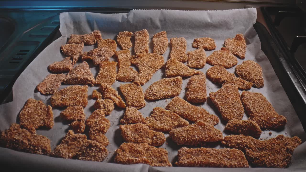 Tavuk nugget'larını pişirme kağıdında fırınlamaya hazırlık.