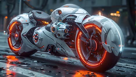 futuristic motorcycle with glowing wheels on an urban street at night