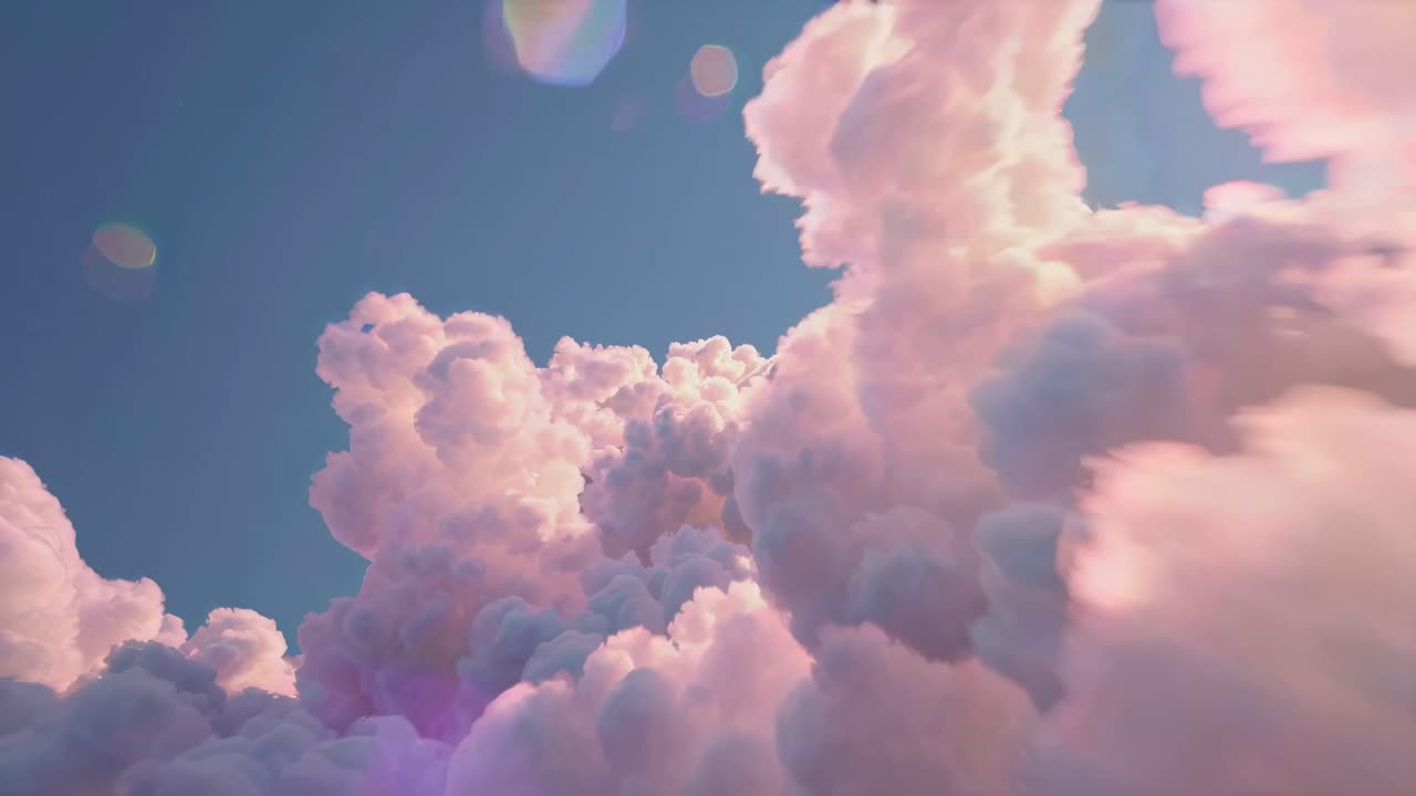Dreamy clouds float against a blue sky, captured from a low angle, creating a serene and ethereal