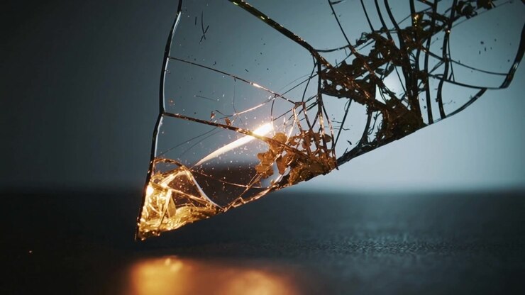 Glowing shard starting amber glow from tip, sending streak along cracks on table reflecting orange