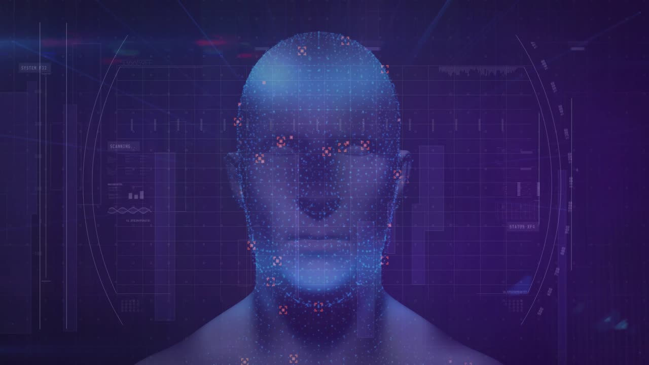 Scanning lines initiating 3D head forming mesh, red markers mapping features completing scan