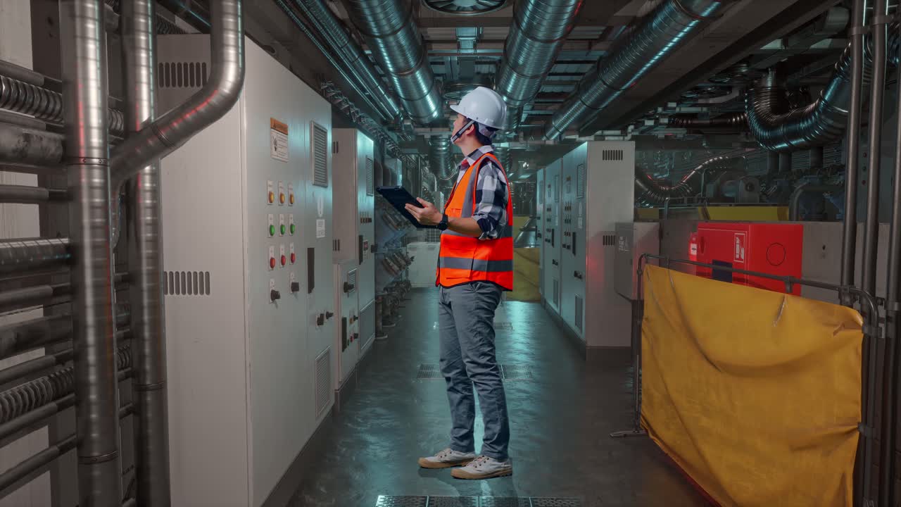 Full Body Side View Of Asian Male Engineer With Safety Helmet Looking At The Tablet In His Hand And Looking Around While Standing In Engine Control Room, Work Of Electrical Generators