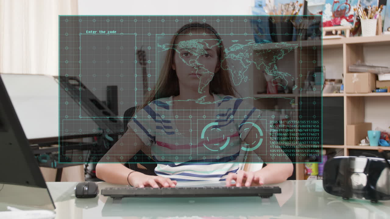 Girl using computer with futuristic interface