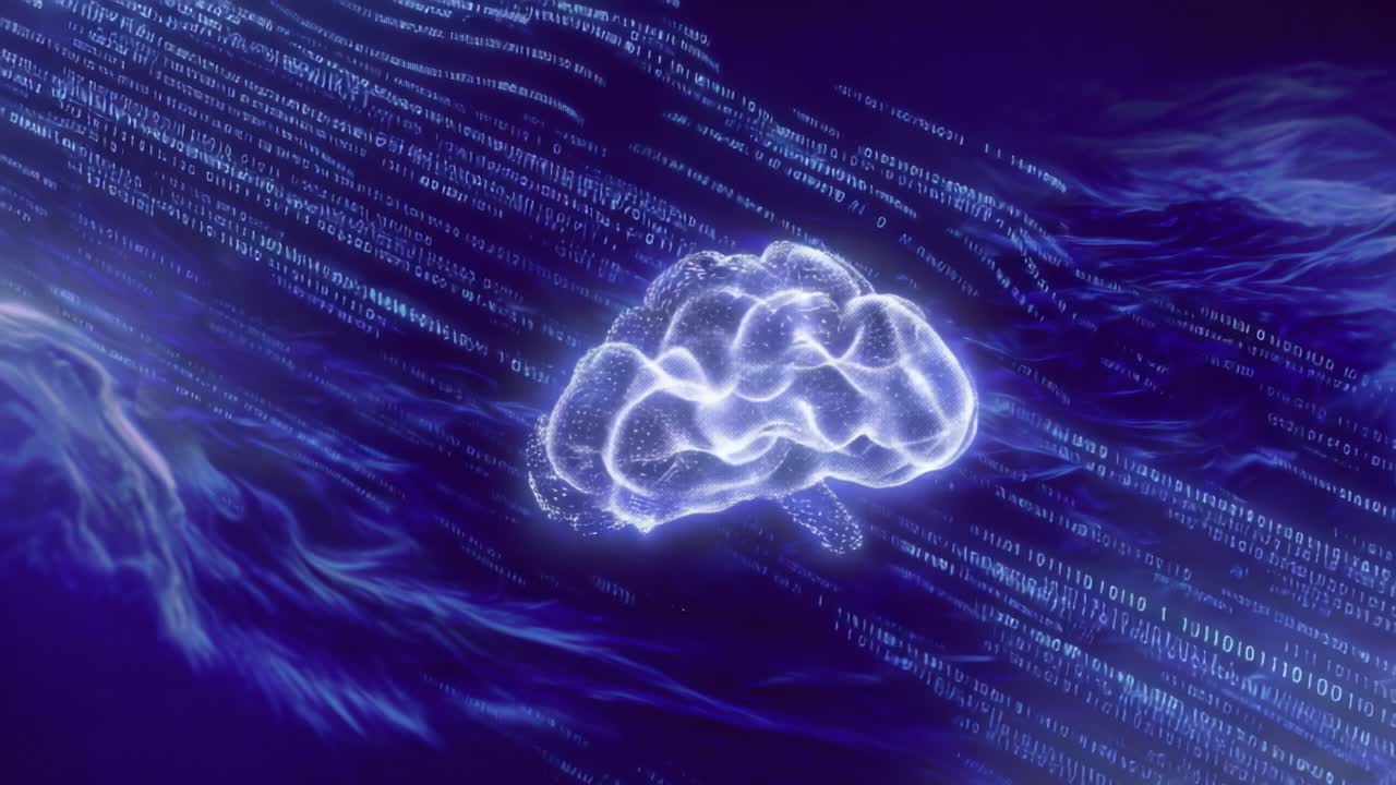 Glowing human brain rotating slowly and processing binary code data. Symbolizing artificial intelligence. Machine learning. And the flow of digital information in a futuristic neural network concept