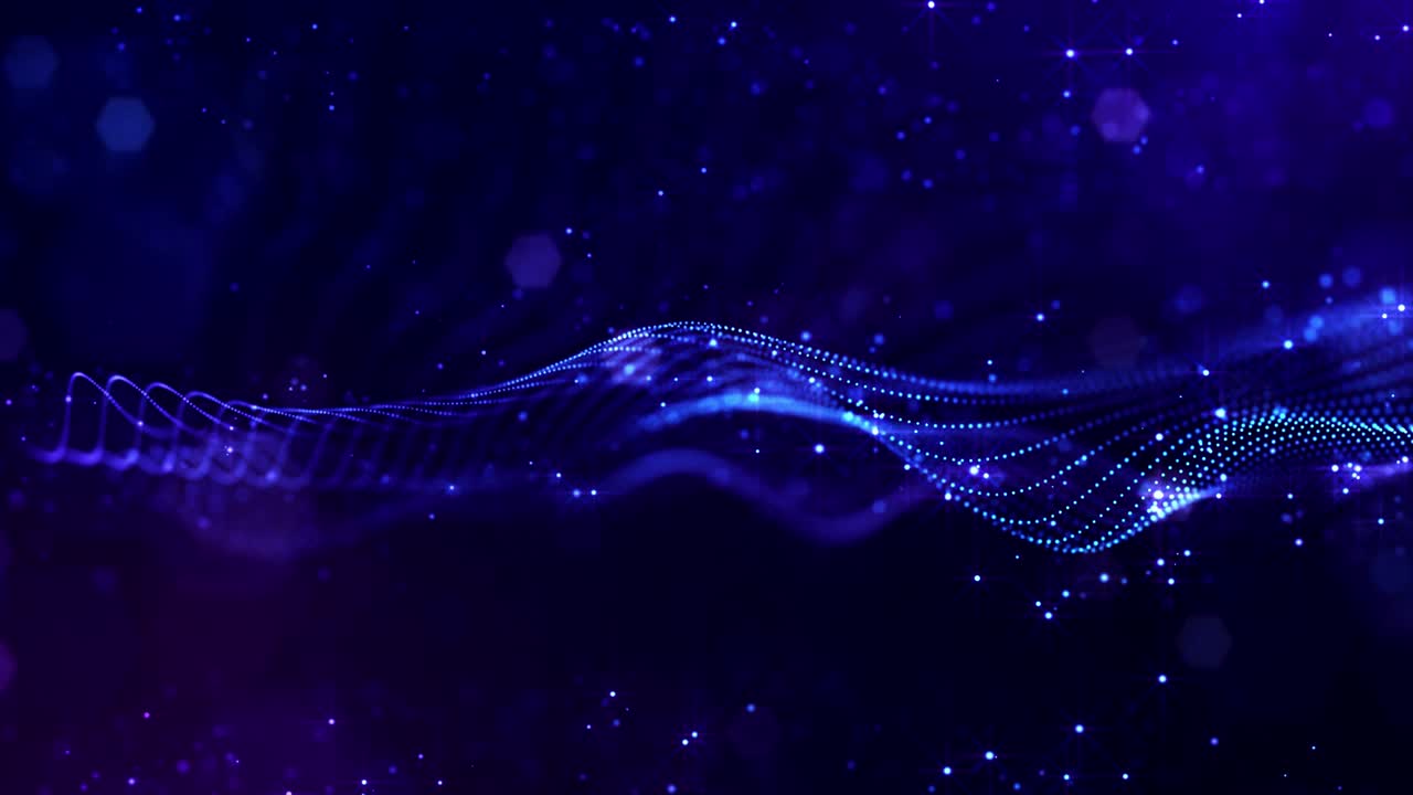 4k 루프 sf 미세 세계 또는 공간의 배경은 보케와 빛 효과로 빛나는 파란색 입자가 선, 표면, 복잡한  구조를 부드러운 움직임으로 형성합니다.