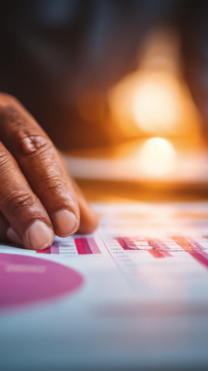 Examining Data Trends: A Close-Up View of Hand Analyzing Statistical Charts and Graphs to Drive Informed Business Decisions and Strategy Development