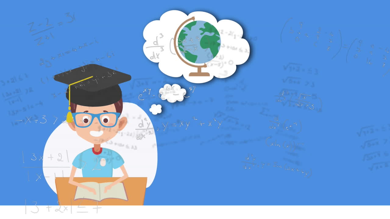 Animasi persamaan matematika dengan piktogram anak sekolah di latar belakang biru