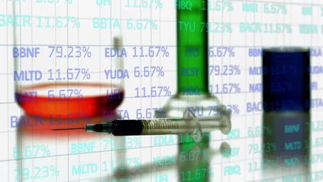 animación del procesamiento de datos financieros en vasos de laboratorio
