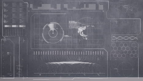 animación de una pantalla digital con globo, mapa, gráficos, hélice de adn, estructura molecular y ondas sonoras.