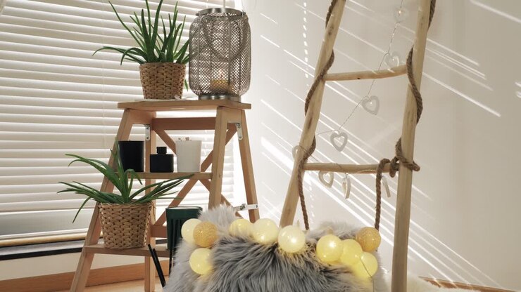 Stylish home decor setup with wooden furniture, plants and soft lighting creating a cozy ambiance