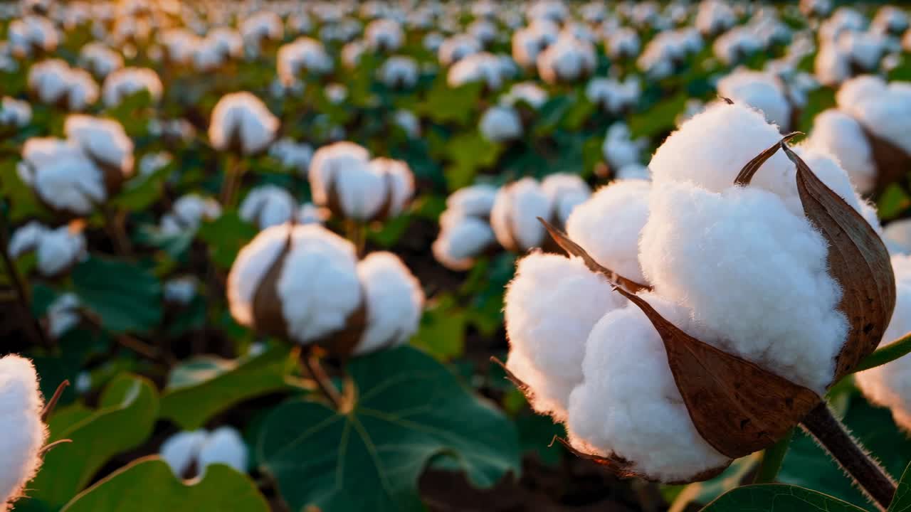 Primo piano, ripresa dal basso di piante di cotone in un campo, che evidenzia i batuffoli bianchi e soffici