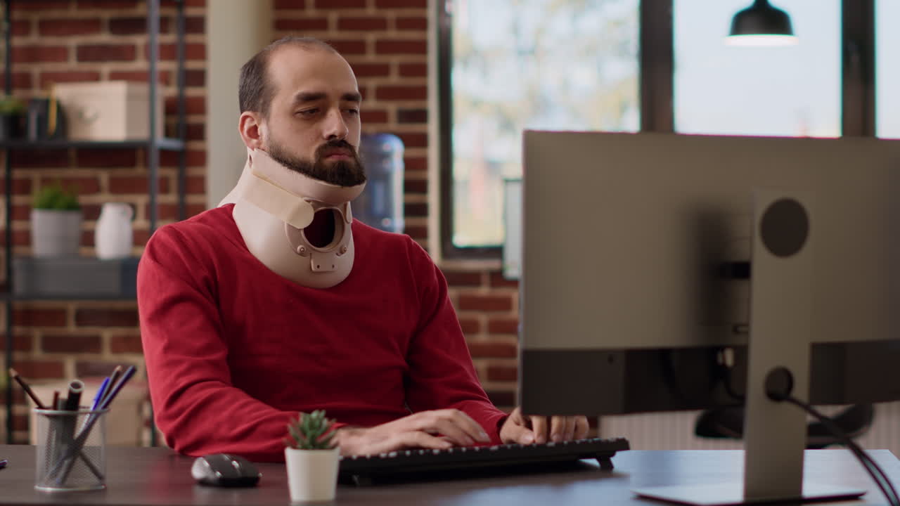 Business man using neck collar to recover from physical injury