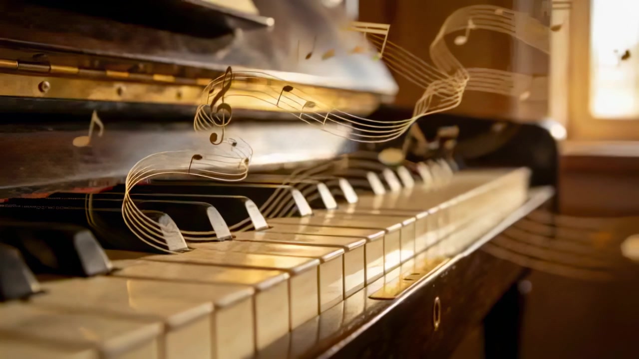 Notazione animata emergente che scorre sulla tastiera di un pianoforte verticale in un salotto, catturando la calda luce del sole.