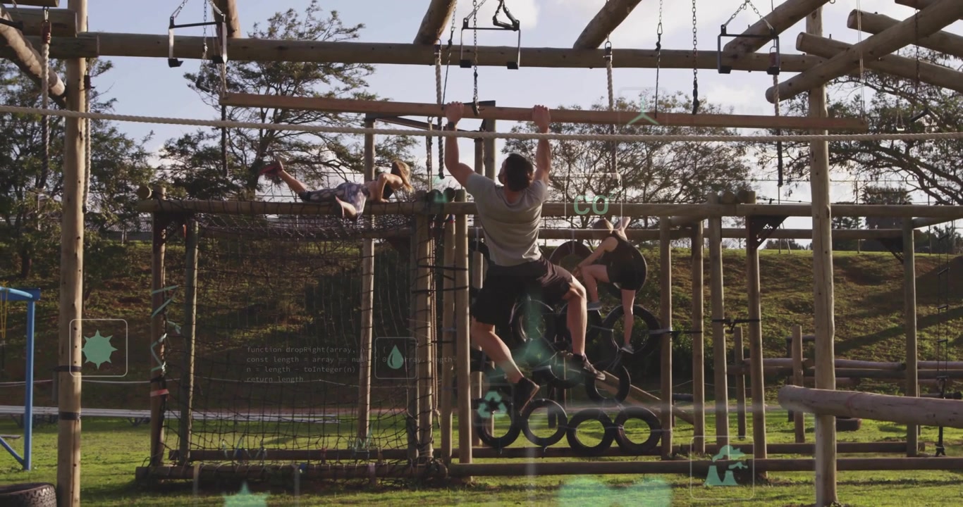 On coach signal group climbing rope ladder tire rings and bars in fitness with performance graphics