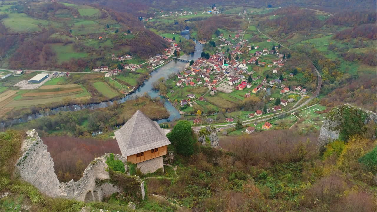 Revealing the cute town of Jablanica with an arial dolly shot. Beautiful nature surroundings. Jablanica, Bosnia and Herzegovina