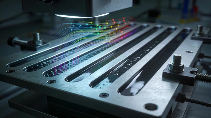 Linee di flusso che appaiono da un sensore e scorrono attraverso una piastra fessurata in laboratorio