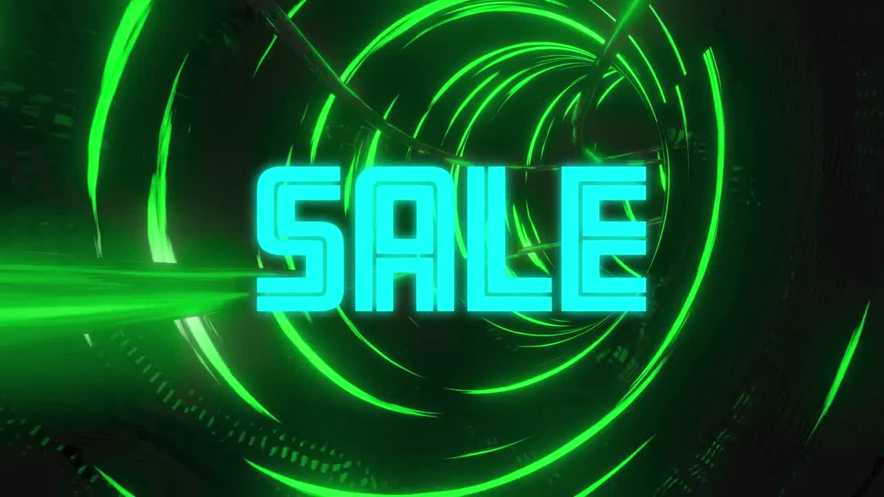 녹색 추상적인 배경 위에 파란색과 노란색 문자로 판매 텍스트의 애니메이션