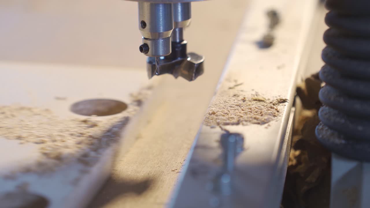 плотник бурит дерево ножами в плоской в плотнической мастерской.