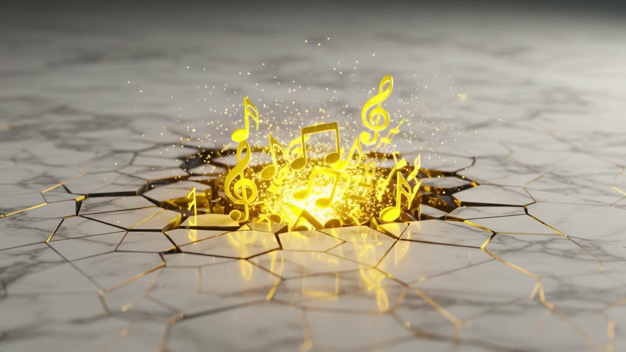 Visually Stunning Explosion of Musical Notes and Sparkles Emanating from a Cracked Surface in a Surreal and Captivating Animation