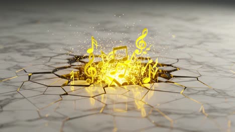 visually stunning explosion of musical notes and sparkles emanating from a cracked surface in a surreal and captivating animation