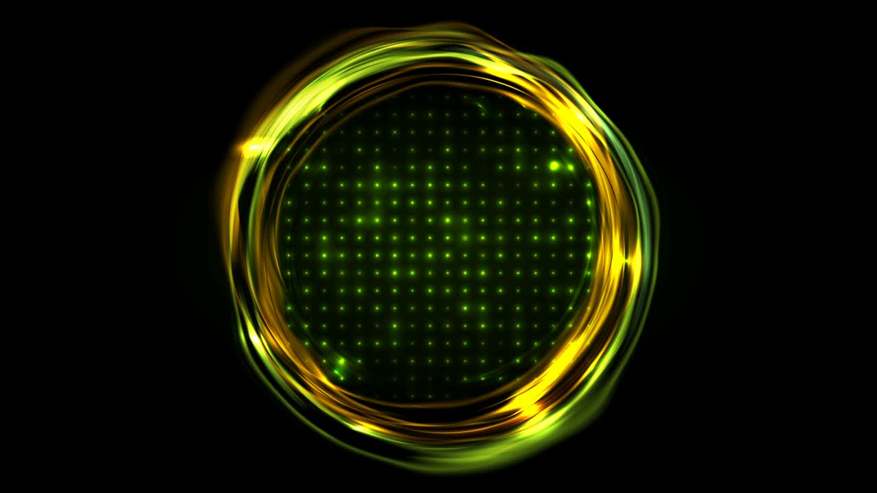 Glowing liquid rings and neon dots abstract motion background
