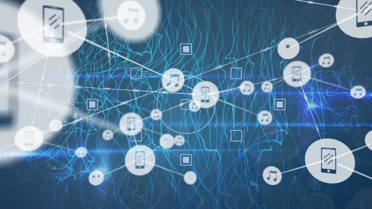 animación de redes de iconos de dispositivos multimedia sobre corrientes de energía sobre fondo azul