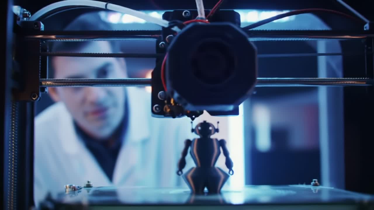 A fascinating glimpse into the world of 3D printing technology as a sleek robot model emerges from the printer, showcasing advanced design and innovative engineering in action