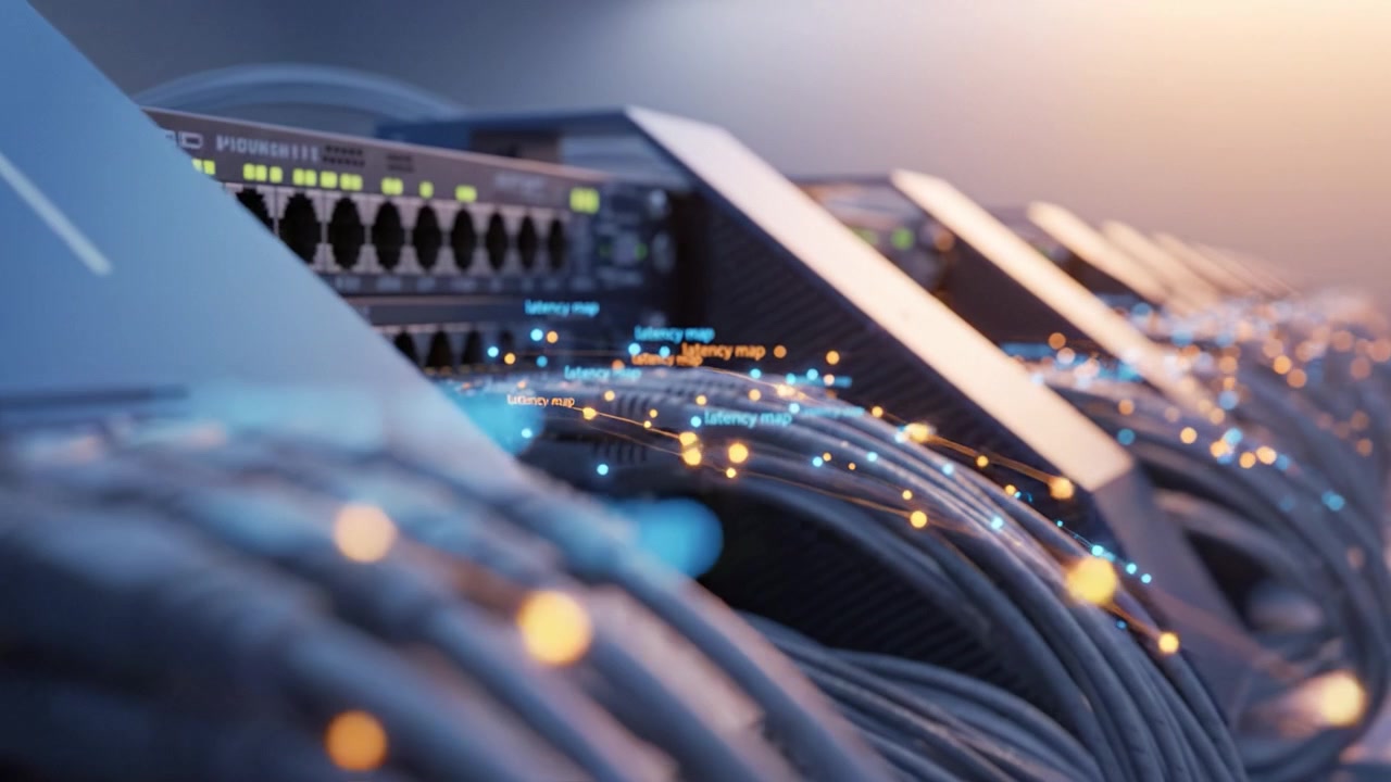 Advanced Data Center Networking: Seamless Connectivity and Latency Mapping in High-Performance Server Hardware with Cables and Switches Glowing in Soft Light
