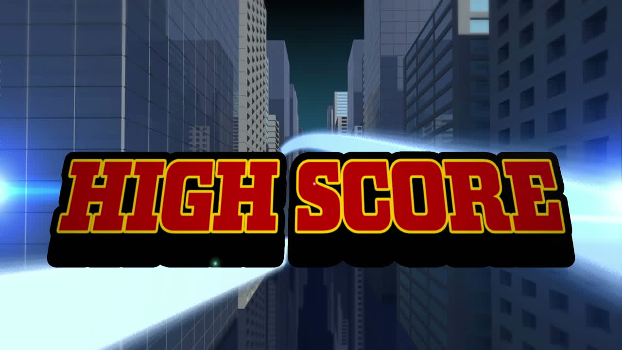 animación de texto de alta puntuación sobre el paisaje urbano sobre fondo azul