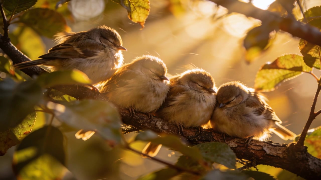 Quattro piccoli uccelli passeriformi appollaiati che si gonfiano su un ramo d'albero mentre la brezza li culla, con i raggi del sole che luccicano.