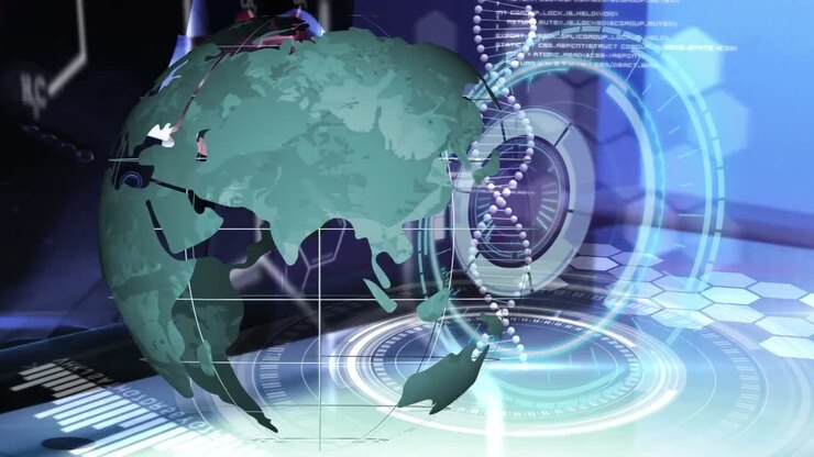 Animation of globe and scope scanning over caucasian businessman touching digital interface