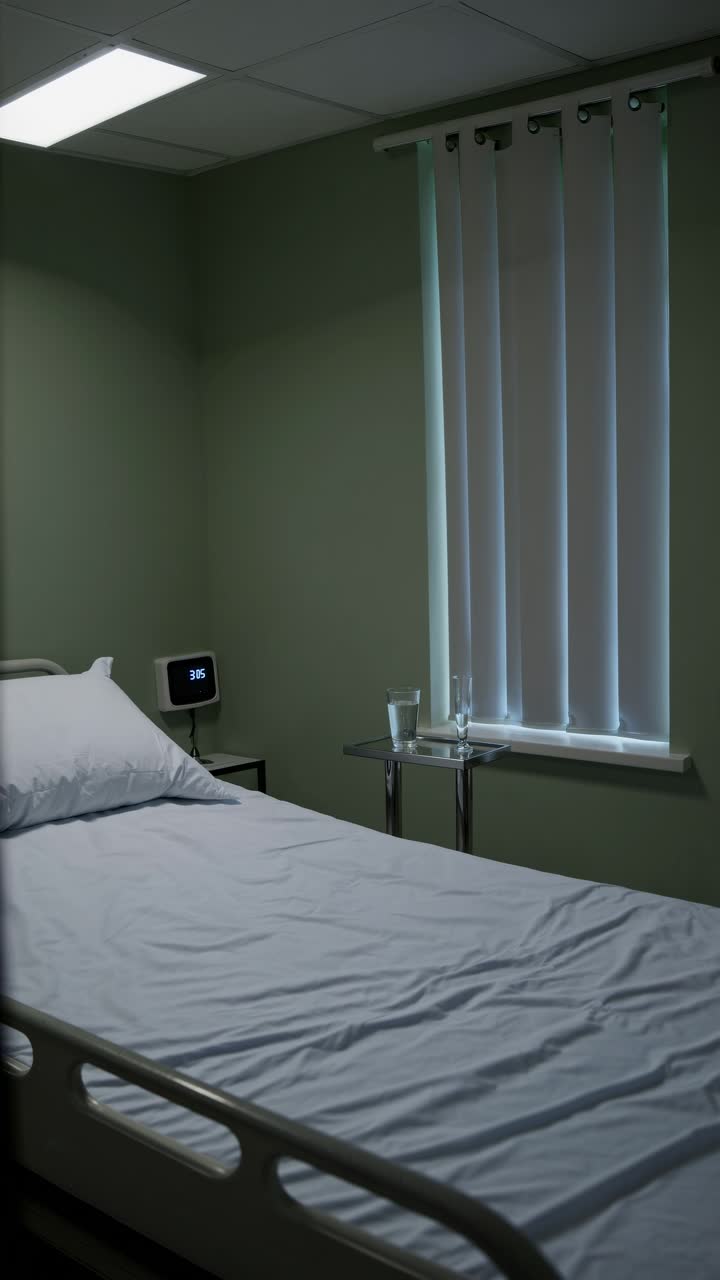 Una habitación de hospital tenuemente iluminada con una cama bien hecha, capturada desde un ángulo lateral