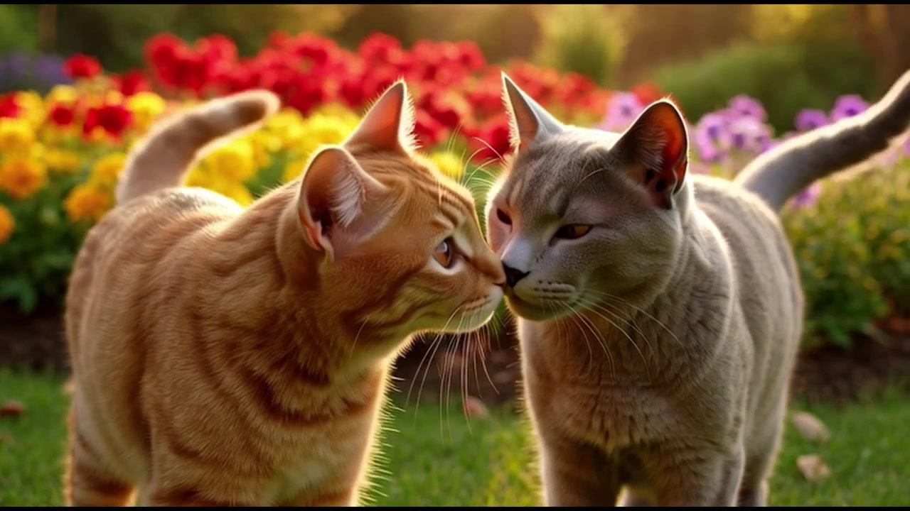 Due gatti che si coccolano in un vivace giardino fiorito.