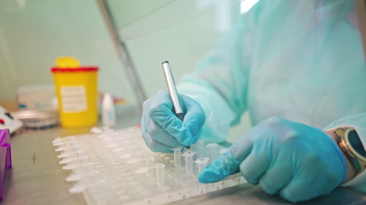 Laboratory worker writes on test tubes. Close-up hands in blue protective gloves writing with a pen on plastic vials.