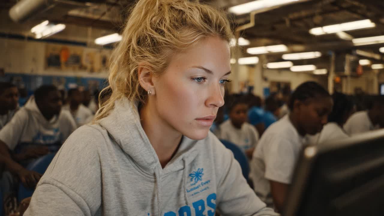 Focused Engagement: A Young Woman Dedicating Herself to Learning in a Classroom Environment Surrounded by Fellow Students in a Dynamic Setting