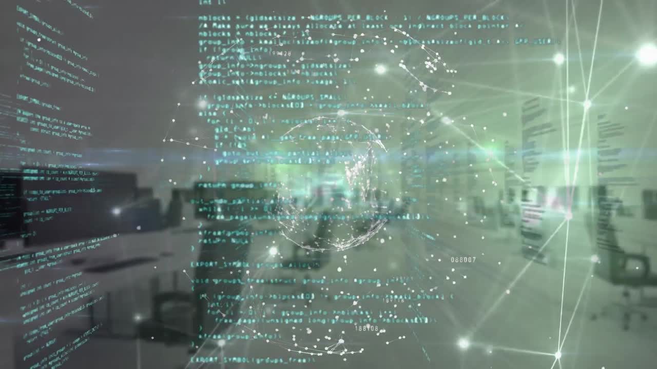 Animation of glowing network of connections, spinning globe and data processing against empty office