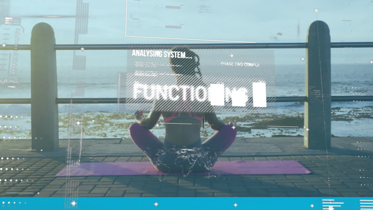 Animation of statistics and graphs over woman meditating on promenade by the sea