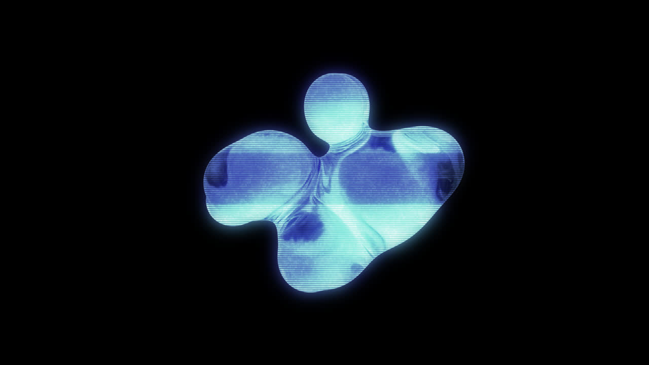 Forme abstraite holographique bleue glitchée en rotation