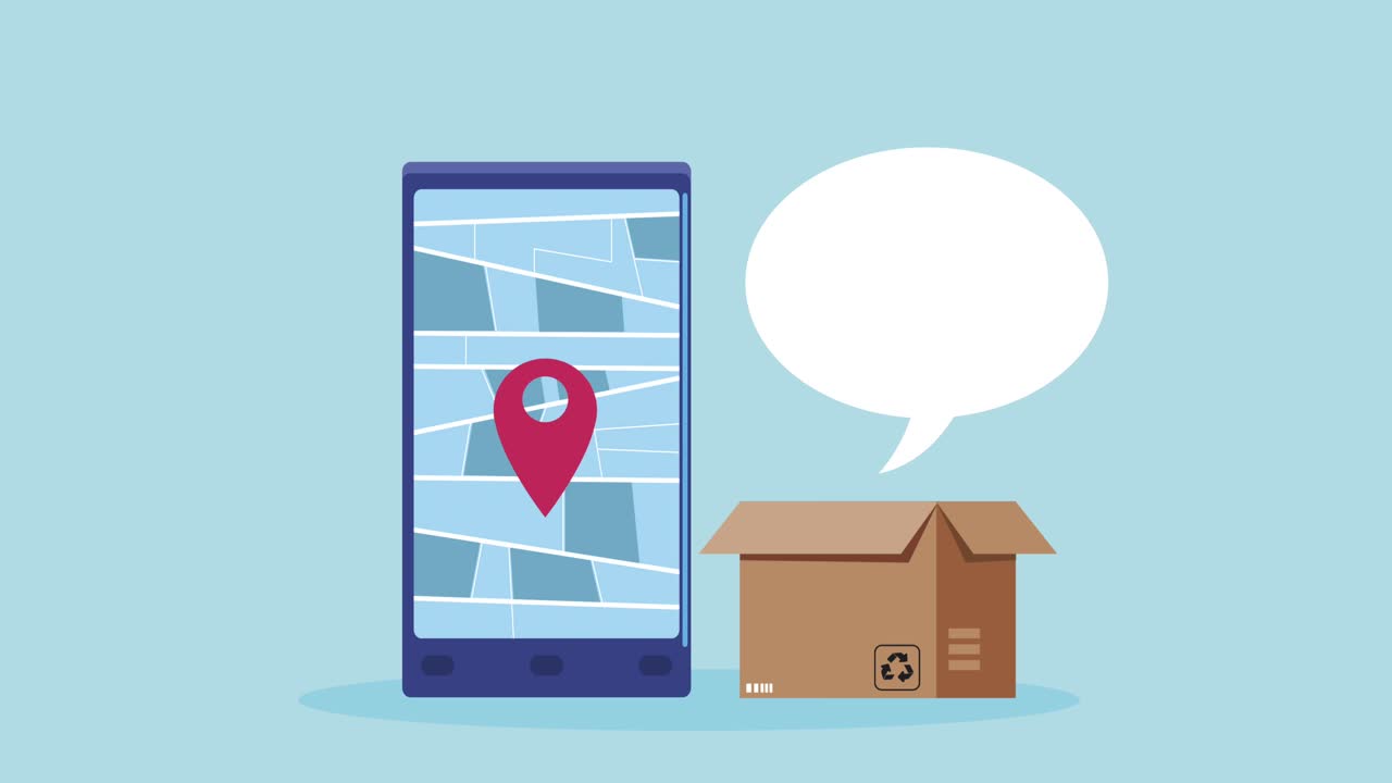 animación de servicio logístico con teléfono inteligente y burbuja de voz en la caja