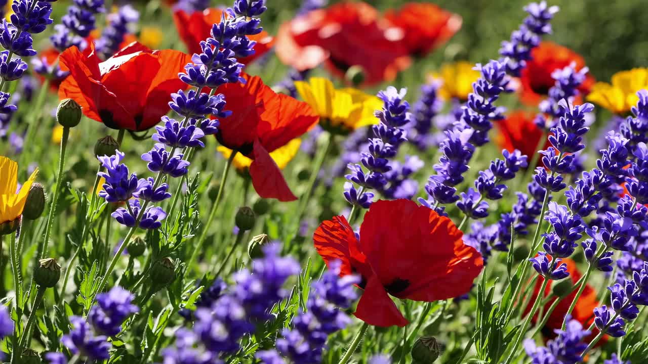 Vídeo en primer plano y vibrante de coloridas flores silvestres en un prado, grabado desde un ángulo bajo