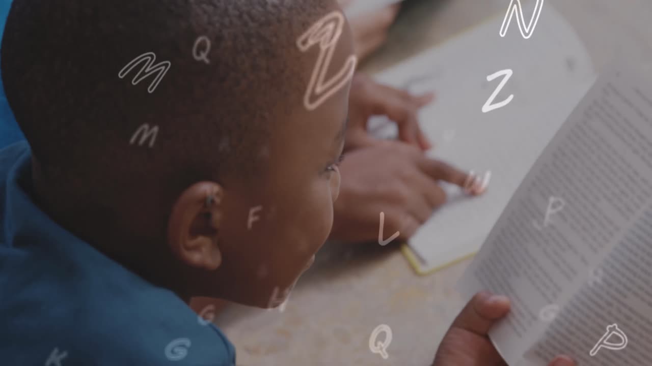 Animation of letters over african american schoolboy reading