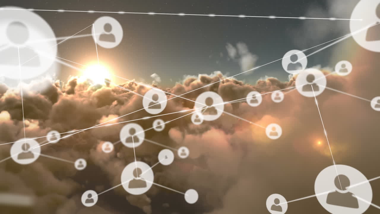 하늘 위의 아이콘으로 연결 네트워크의 애니메이션