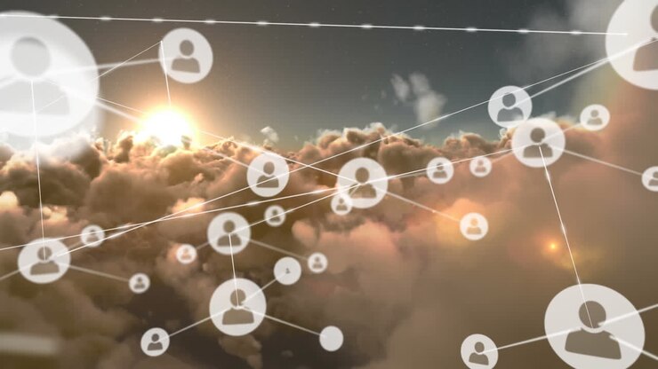 Animation of networks of connections with icons over sky