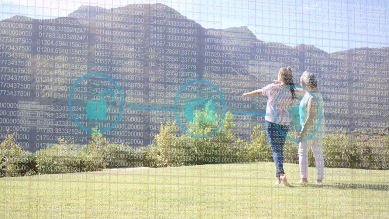 Mom and teen walking to mountains, teen pointing indicating ridge, activating tech HUD