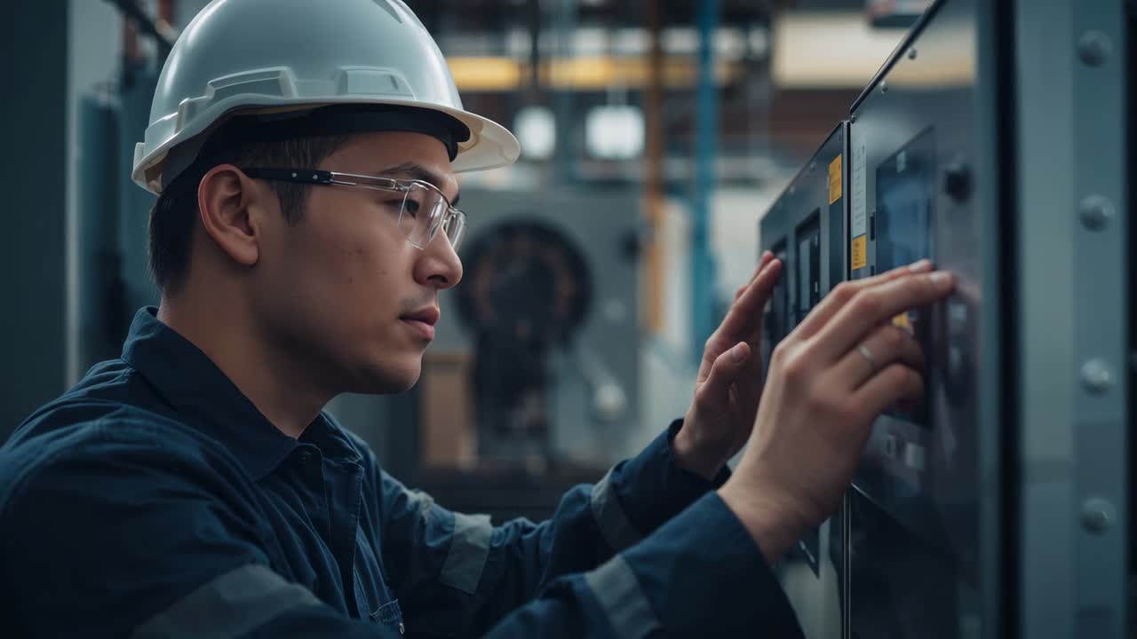 Operating technician adjusting panel knobs at plant, reacting to lights, in hard hat and coveralls