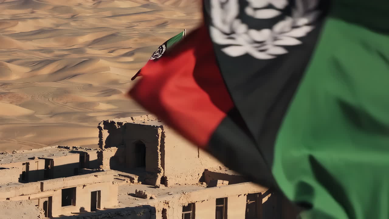 Afghan Flag over Ruined Buildings in the Desert