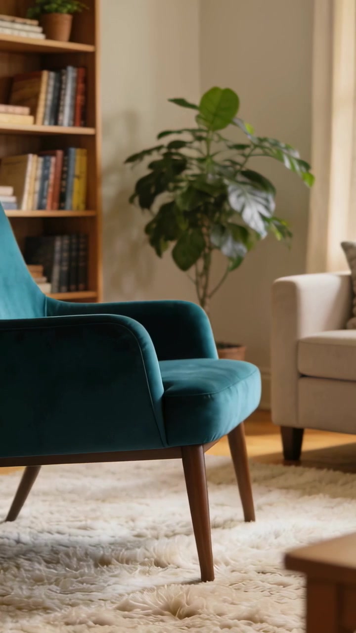 Video vertical: Persona con puño de camisa recolocando una silla verde azulado en casa para que mire al sofá.
